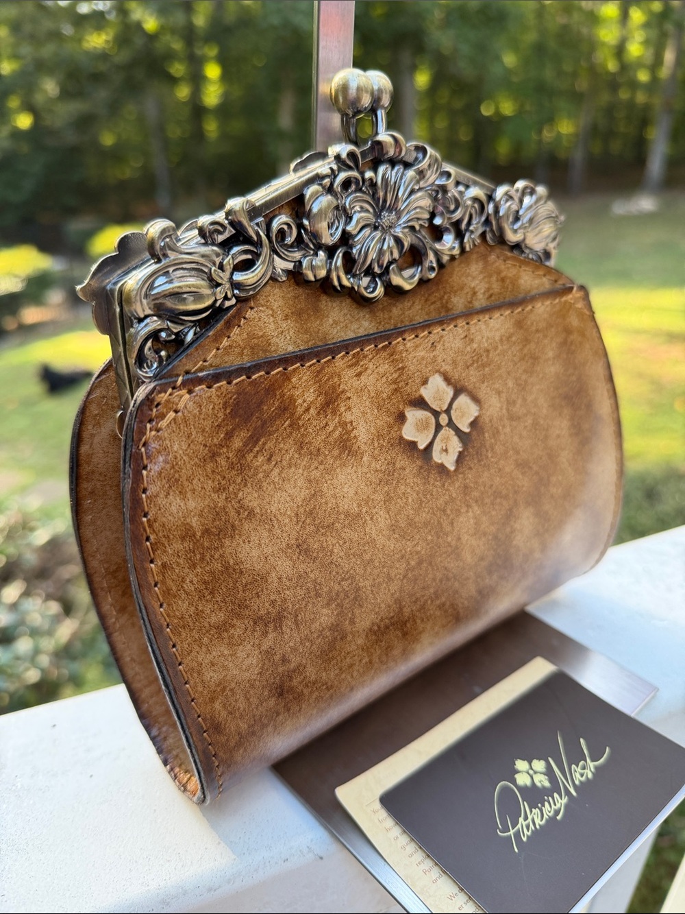Patricia Nash Sand and Tan Embossed Leather Shoulder Bag with Ornate Metal Frame - Picture 11 of 17